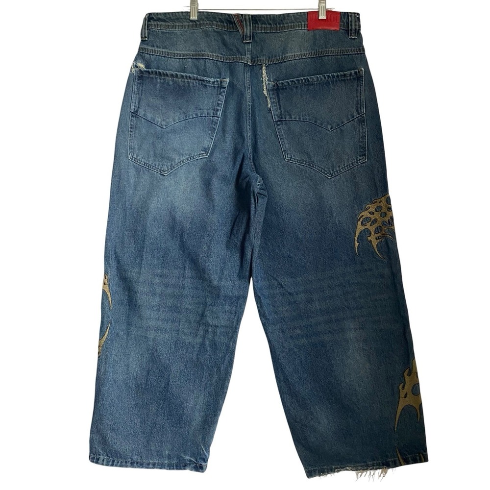 Y2K Vitriol Baggy  Jeans Men 36 Blue Embroidered Ultra-Wide Hip Hop Distressed - Picture 2 of 11